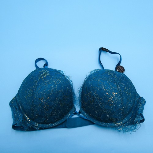 Victoria's Secret Bra Womens 36B Bombshell Teal Gold Lace Push Up Polyamide