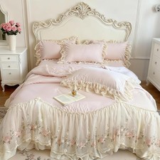 Bedding Set 4-Piece - Romantic Lace Trim Washed Cotton, Duvet Cover with Bed Ski