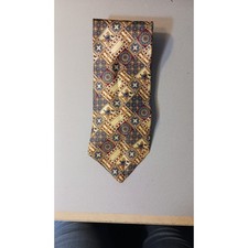 CC Hughes 100 Silk Tie Gold Flowers Geometric Made in USA - 62" x 4"