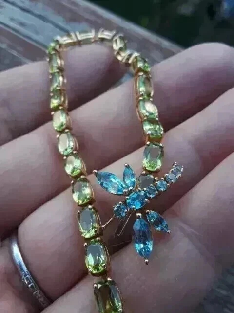 Женский теннисный браслет с перидотом 9 карат Oval Lab Created покрытие желтым золотом 14 карат 7 дюймов - Изображение 2 из 4