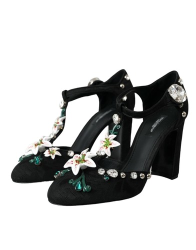 Dolce&Gabban Women Black Sandals Cotton Blend Lilies Crystal Heel Shoes Sz EU 39 - 第 3/8 張圖片