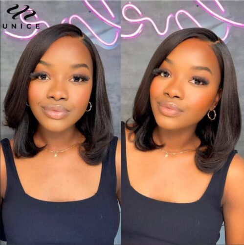 UNice Malaysian Yaki Straight Bob Wig Human Hair Precut Lace Wear and Go wig 10"