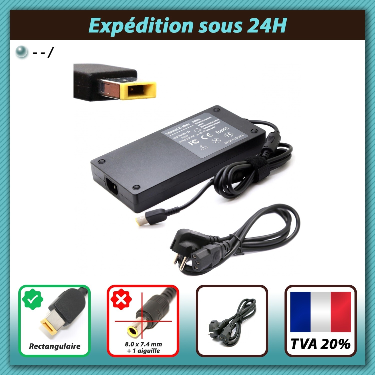 Chargeur Lenovo Yoga AIO 7 et Legion 20V 15A avec embout rectangulaire