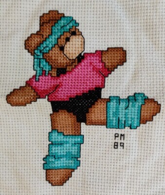 COMPLETED Dancing Bear Aerobics Leg Warmers Dale Burdett Cross Stitch 1980s