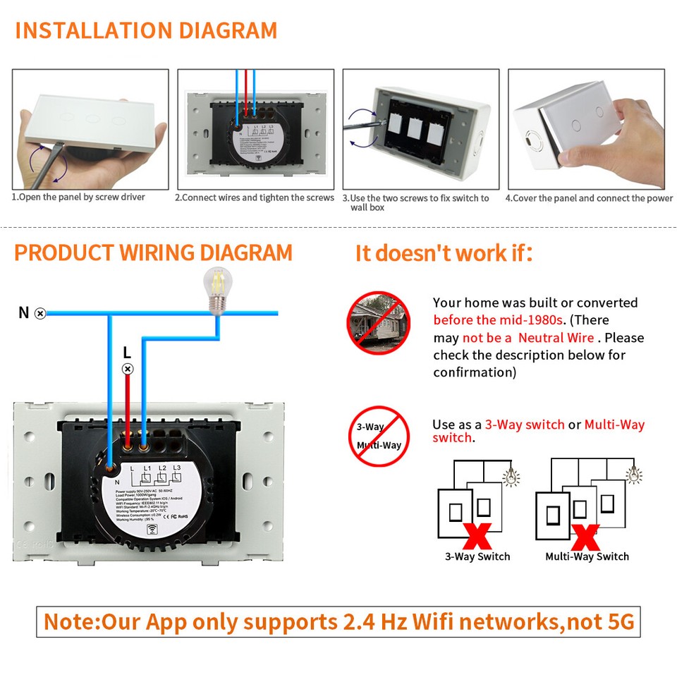 Wireless Wall Switch Smart WiFi Touch Light Switch - 1/2/3 Gang, Works With Alexa & Google Home, Glass Panel Smart Switch 3 Gang - Foto 5