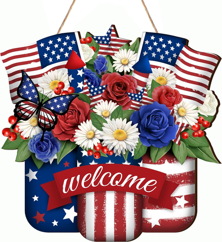 4Th of July Wooden Door Sign Independence Day Wreath 12 Inch Outdoor Decor - Picture 10 of 14