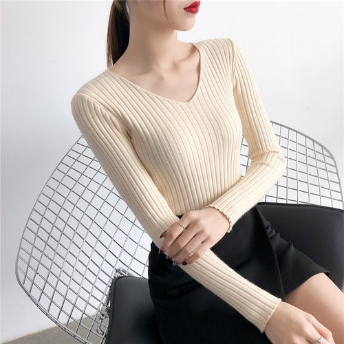 Women Ribbed Knit Basic Sweater Jumper Pullover V Neck Slim Knitwear Tops - Picture 20 of 24