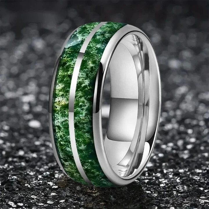 Banda de anillo de carburo de tungsteno con incrustación de piedra de ágata verde de doble ranura de cúpula de 8 mm Foto 3 de 4