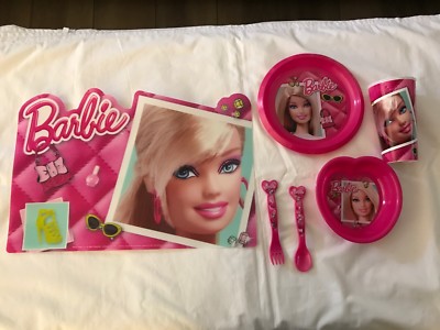 Barbie Dinner Lunch 6pc Plastic Set Cup Plate bowl Fork Spoon 3D