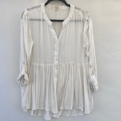 Thread & Supply Women's White Metallic Gold Stripes Roll Tab Sleeve Blouse Small