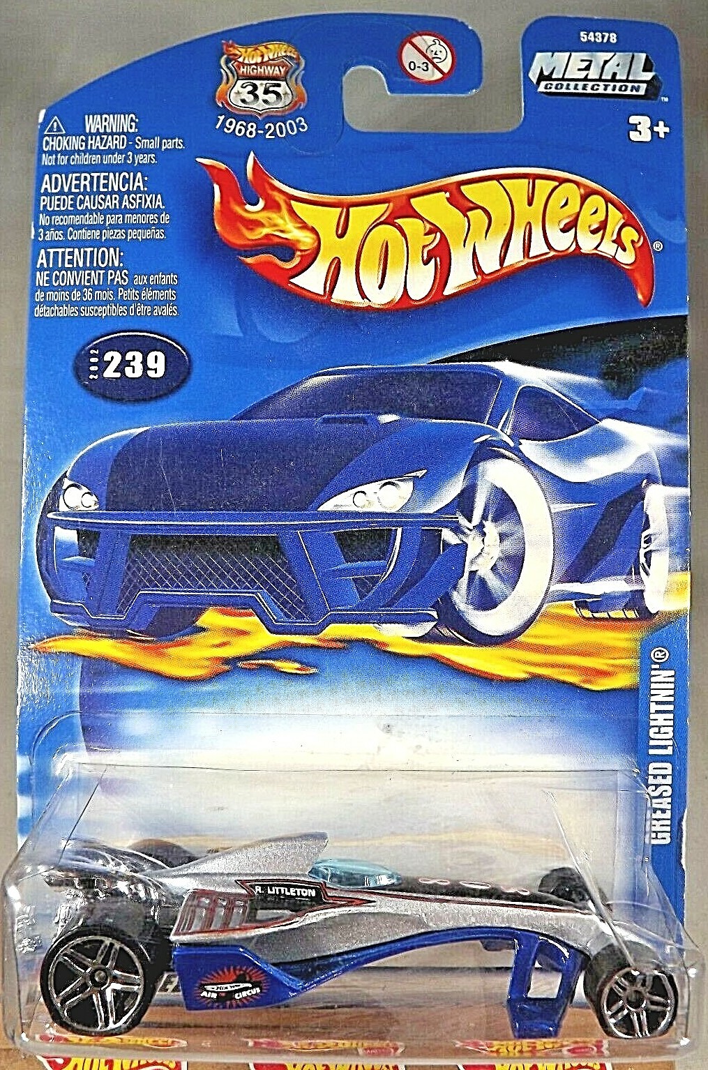 2002 Hot Wheels Mainline/Collector #239 GREASED LIGHTNIN' Silver-Blue w/Pr5 Sp