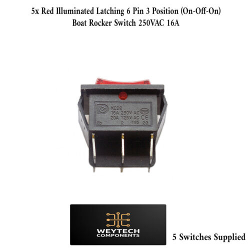 5x Red Latching 6 Pin 3 Position (On-Off-On) Rocker Switch 250VAC 16A - Picture 2 of 4