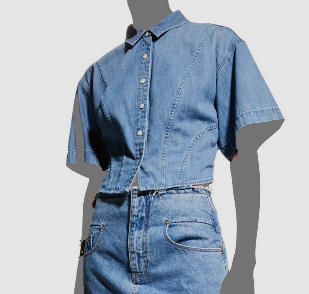 $279 Frame Women's Blue Short Sleeve Crop Smocked Waist