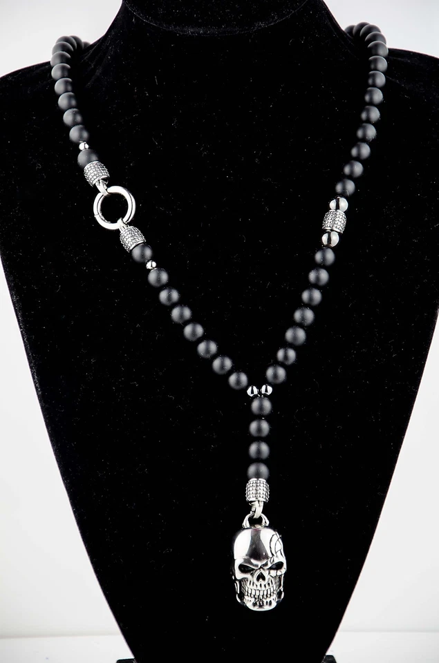 Herren Onyx Schwarz Lava Halskette Rosenkranz HalbedelsteinTotenkopf Skull Biker - Bild 2 von 4