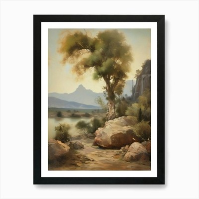 Waldsee, Vintage Ölgemälde, Fa gerahmtes Wandbild Poster Leinwanddruck Bild