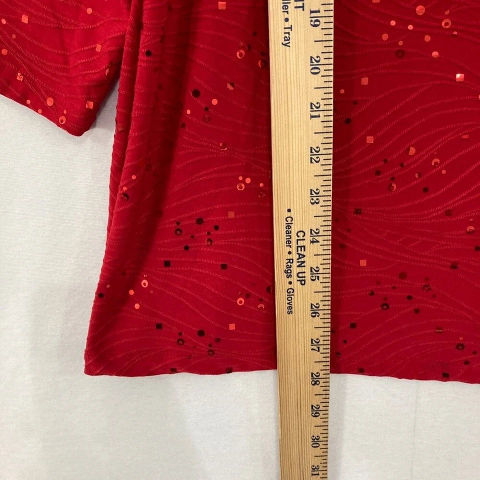 JM Collection size 2X Red Sparkling Sequins Stretch Knit 3/4 Sleeve Top Evening - Image 4 of 4
