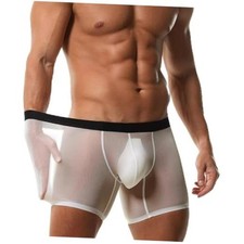 Men's Boxer Brief Underwear Ice Silk See Through Mesh  Men's Medium White