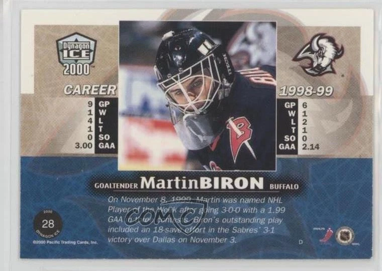 1999-00 Pacific Dynagon Ice Blue /67 Martin Biron #28 - Image 2 of 2