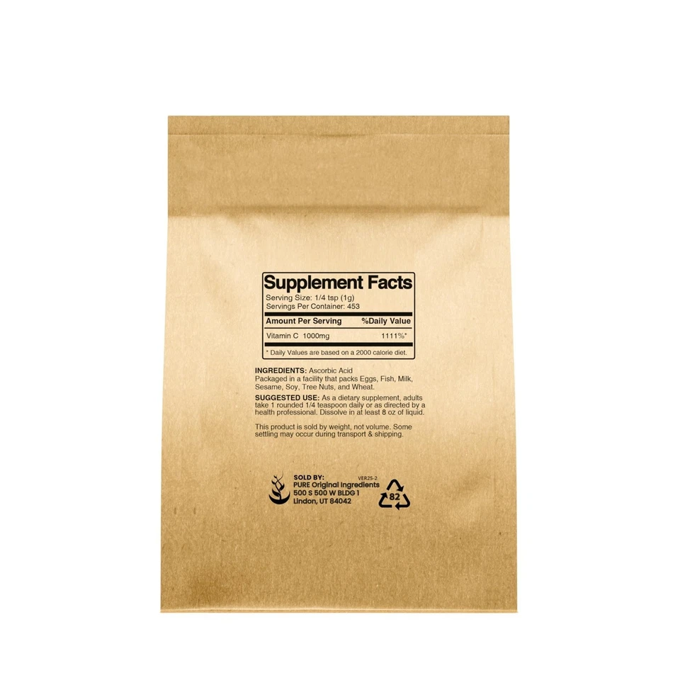 Vitamina C en polvo, ácido ascórbico, suplemento dietético no transgénico, 1 lb Foto 2 de 3