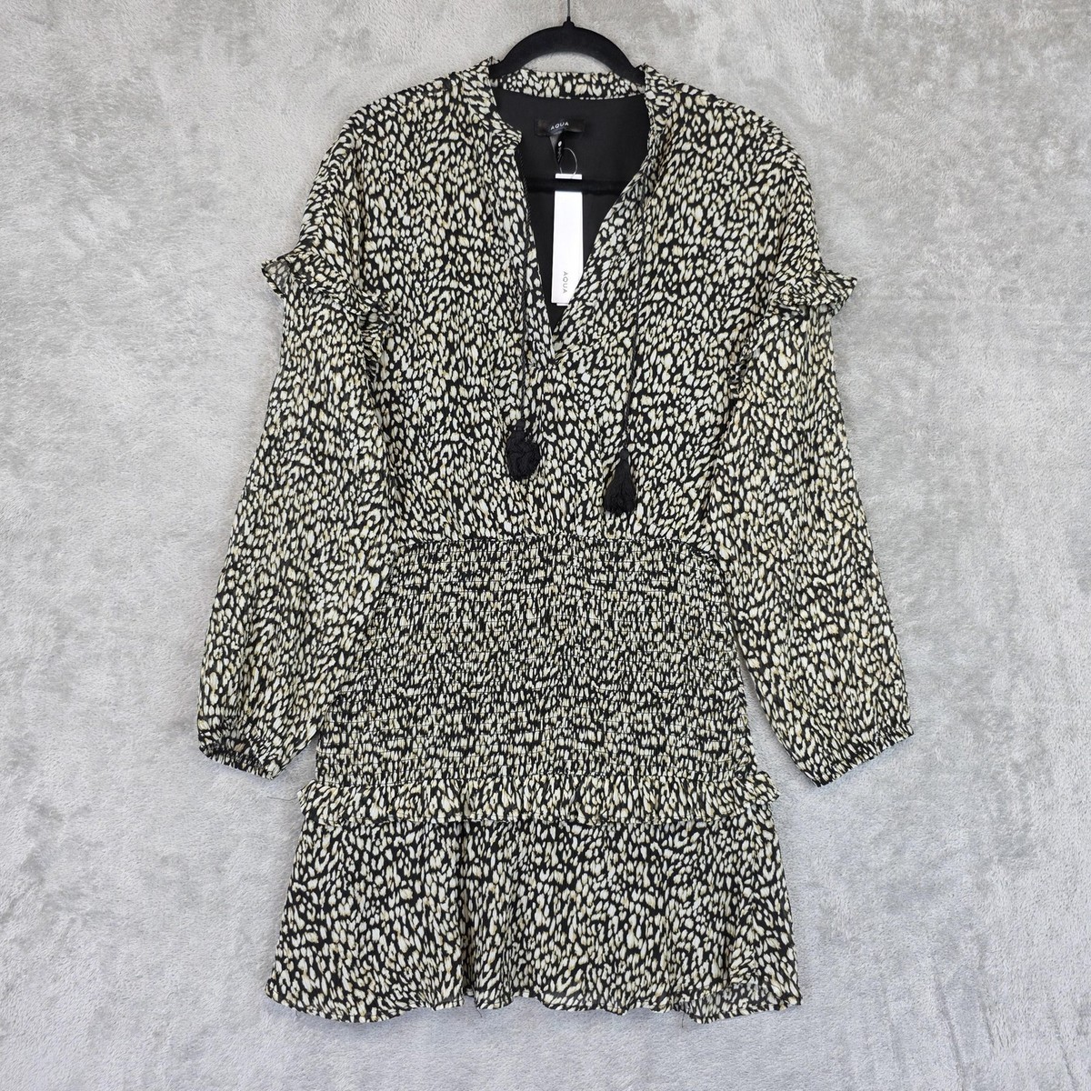 Aqua Dress Womens Small Black Animal Print Smocked Ruffle Long