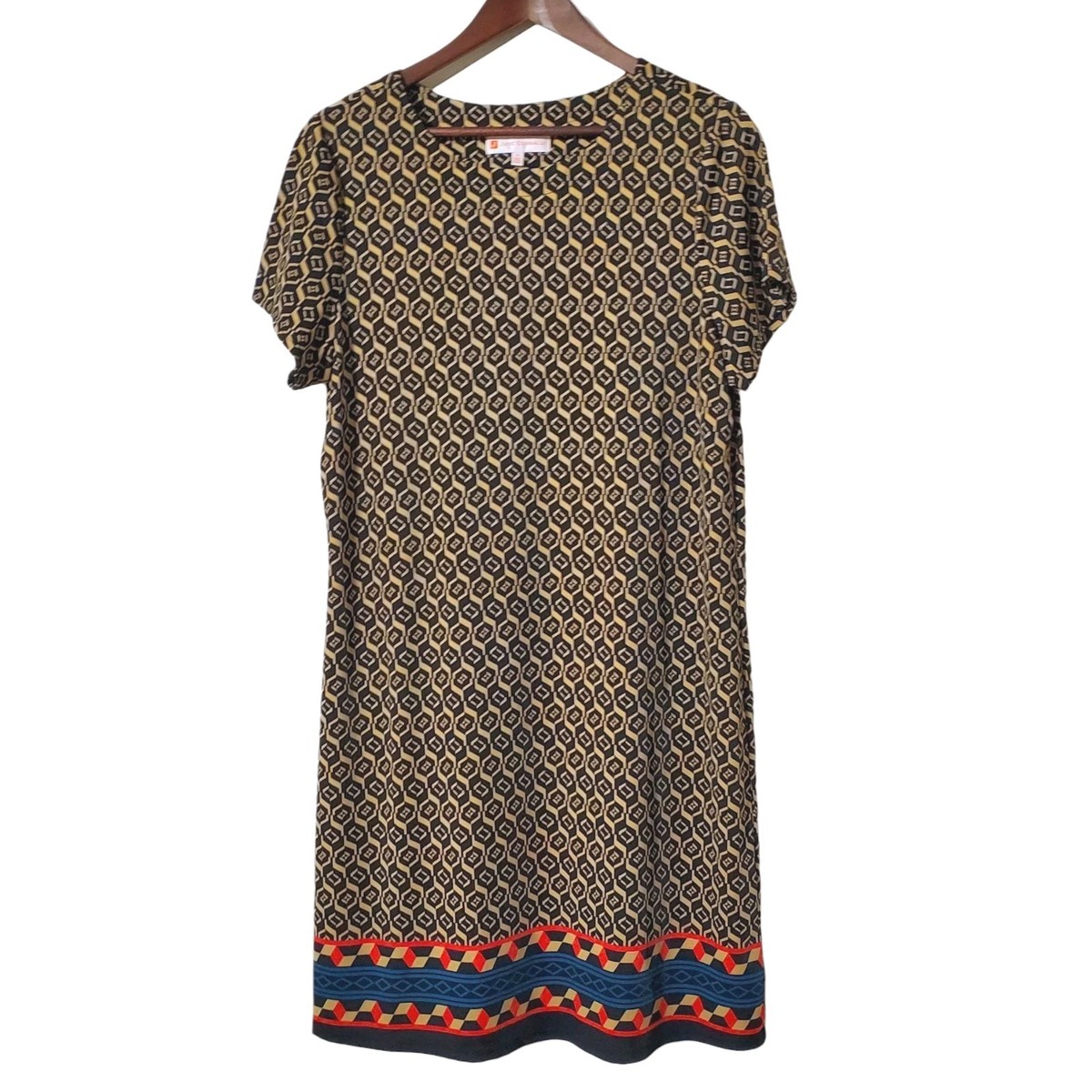 JUDE CONNALLY Ella Dress XL Hexagon Geometric Print Tan Shift Jersey Knit  Womens | eBay