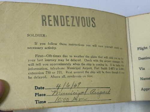 1949 Continental American Air Ways FORT SMITH ARKANSAS Soldat Flugzeug Ticket - Bild 3 von 4