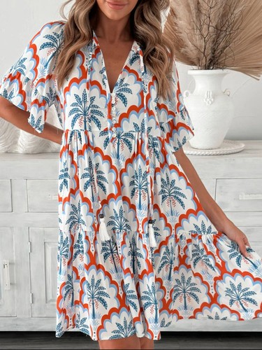 Tassel Printed Tie Neck Half Sleeve Mini Dress
