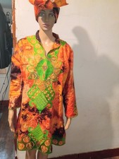 Handmade Dashiki Tunic Dress for Women Multi-Color Cotton One Size w/ Headwrap