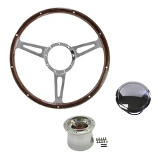CJ Classic Trucks Steering Wheel Kit Wood Grain 14" 9-Bolt 3-Spoke Slotted F-...