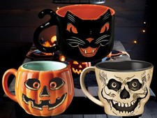 Vintage Halloween Mugs Set of 3 Pumpkin Skeleton Black Cat Limited Collectible