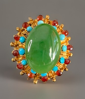 Vintage Design Ring Natur Jade mit 3D Intarsien aus Granat & Türkis vergoldet