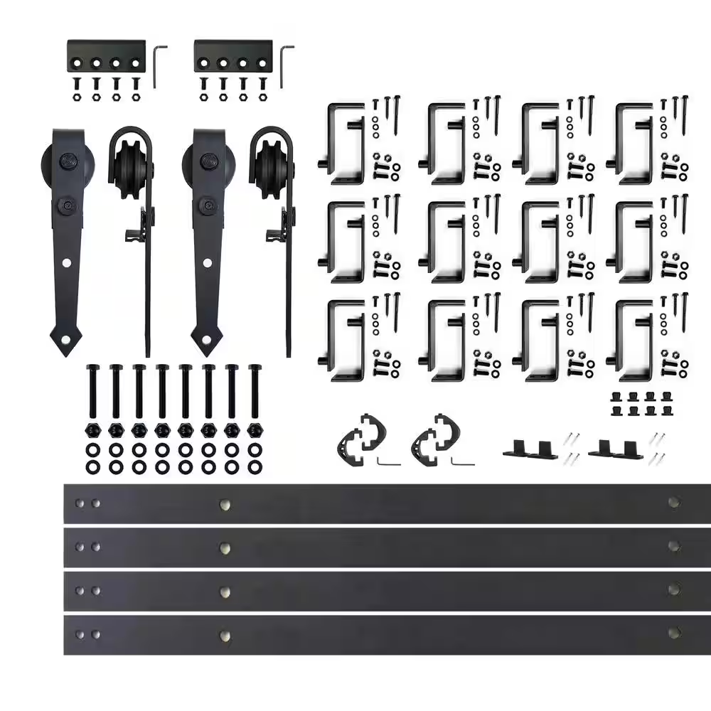 16 Ft./192 In. Black Rustic Double Track Bypass U-Shape Sliding Barn Door Hardwa