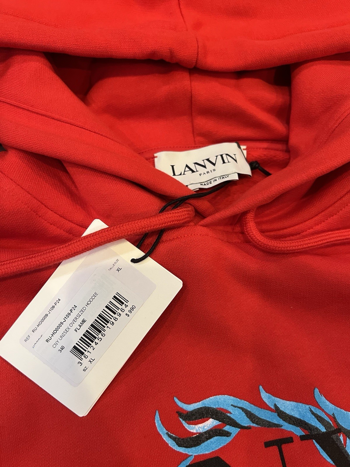 Rare Lanvin Red Hoodie Dragon Print Cotton Hoodie $990 XL Made In Italy