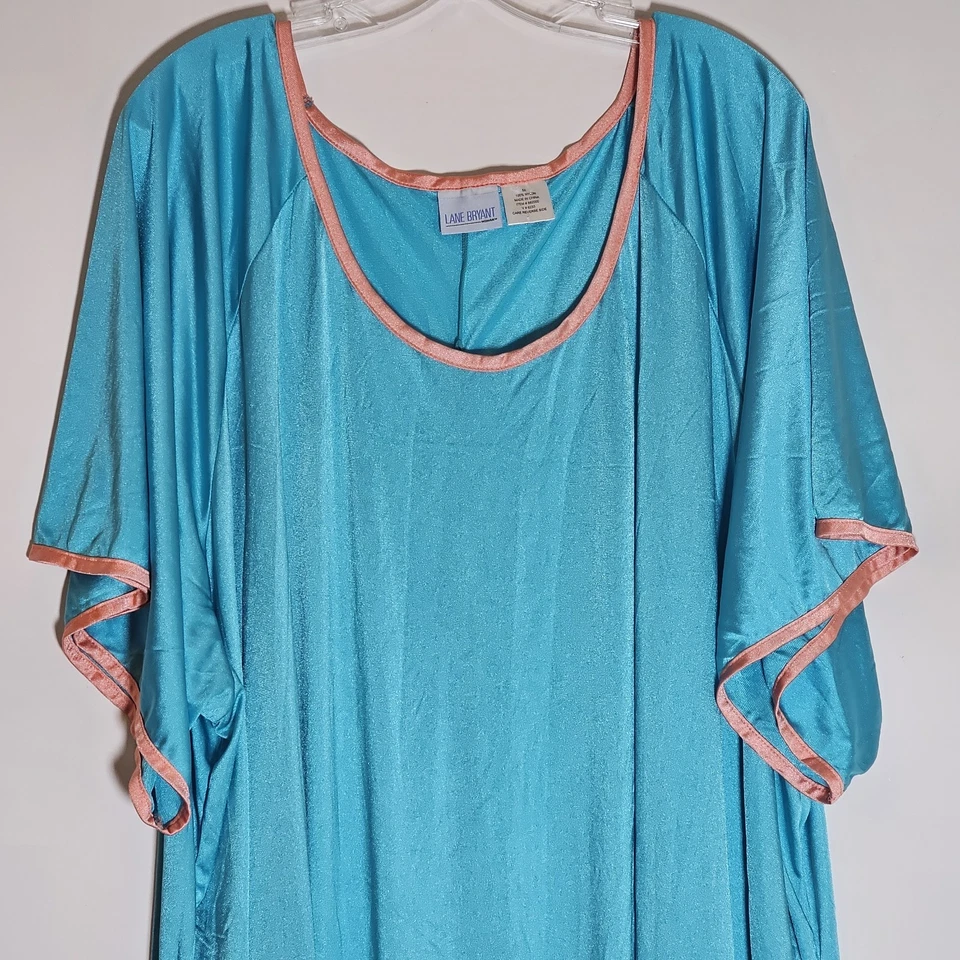 Vintage Lane Bryant Nightgown Womens 5X Plus Blue Pink Trim Nylon Maxi Scoop 90s - Image 2 of 4