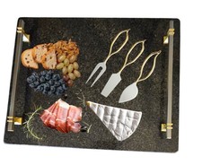 20x16 Granite Cheese Board w/Two-Tone Brass Handles+Gold Knives | Luxury Serving
