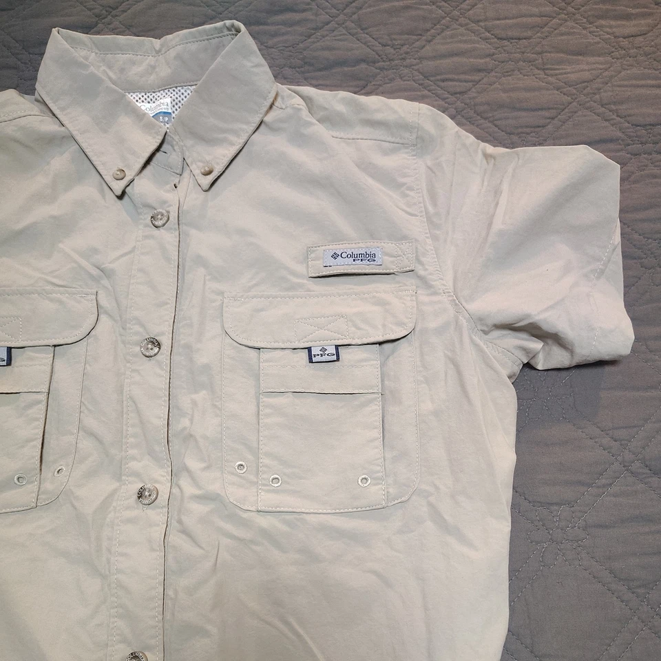 Columbia PFG Mujer Pequeña Beige Abotonada Ventilada Camisa Nylon Pesca Foto 2 de 4