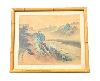 Vintage Chinese Silk Painting Pagoda Mountain Scene Bamboo Frame
