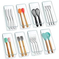 8 Pack Clear Plastic Drawer Organizer Bins Set, Stackable Cutlery Storage Bin...