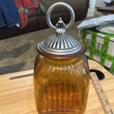 Amber Colored Glass Canister Ribbed 12  Tall including Lid) Square /Pewter Lid