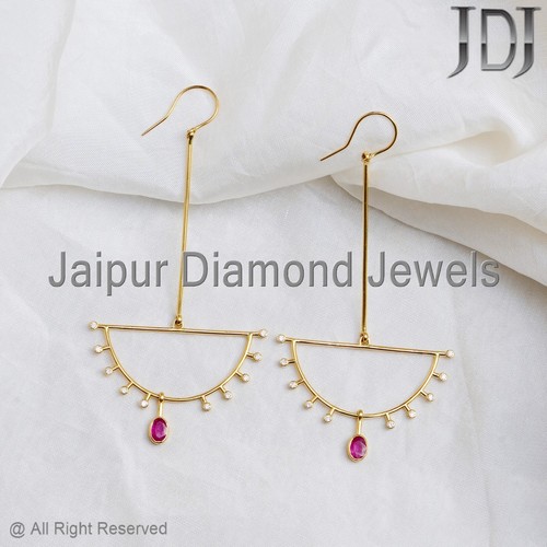Genuine Diamond Ruby Gemstone Solid 18k Yellow Gold Jewelry Designer Earring - Picture 3 of 14