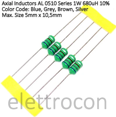 5 pezzi Induttanza assiale 680 uH 1W Serie AL0510 dimensioni max. 5 x 10,5mm - Bild 1 von 3