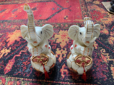 Pair of Lucky Elephant Figurines Balancing on a Ball with Lucky Coin & Trunk Up