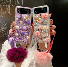 Women Flower Bling Pearl Cute Rhinestone Soft Wrist Strap Back Phone Case Cover