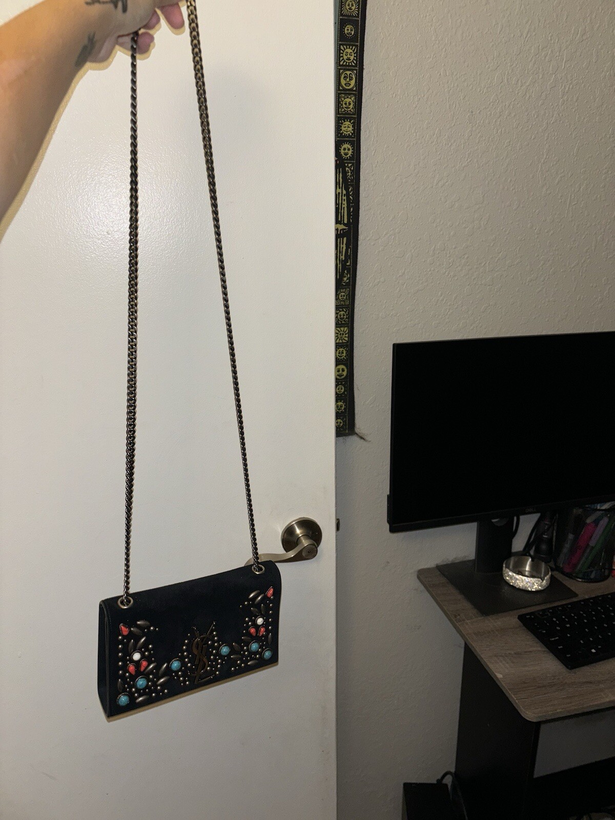 Borsa a tracolla Saint Laurent YSL monogramma Kate corallo pietra turchese borchie