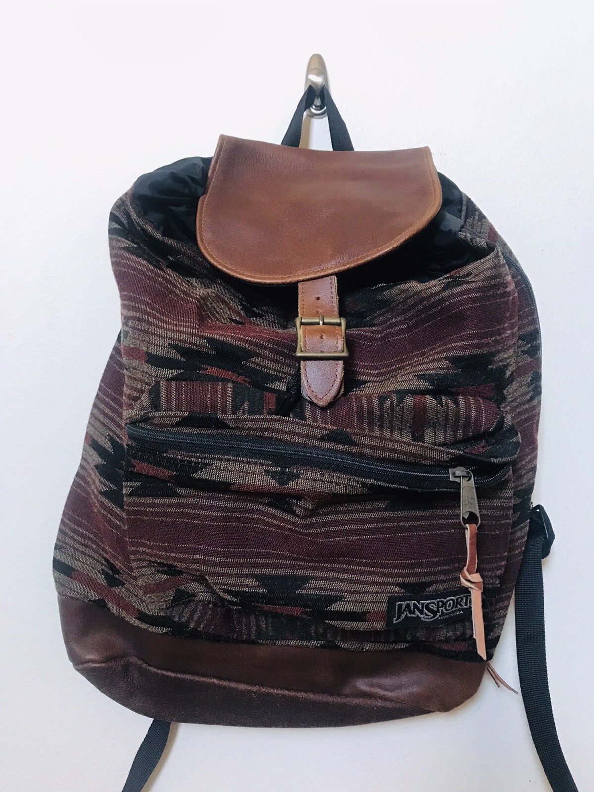 Rare Vintage 90s Jansport Made in USA Leather Bottom Backpack Aztec Tribal Print image 2