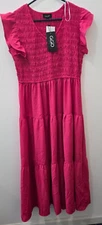 GIGIO Smocked Midi L Boho Peasant Dress - Pink