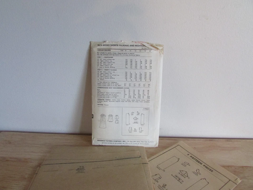 Advance 9616 Sz 10 Misses' Sew-easy! Shortie Pajamas and Nightgown Pattern - Image 2 of 2