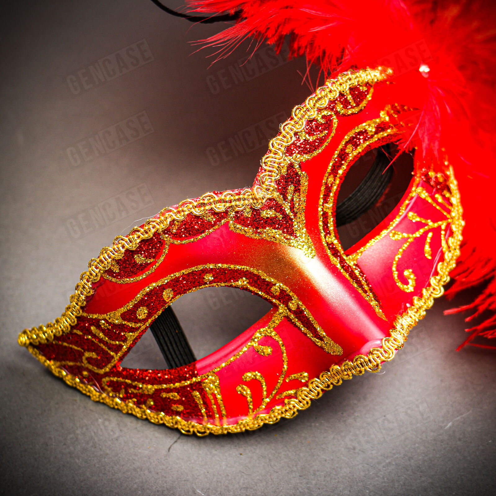 Black Venetian Warrior Half-Face with Gold Red Flurry Feather Couple Mask