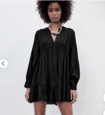 zara black boho dress Zara Dress Women's Size Small Black Mini Tier Boho