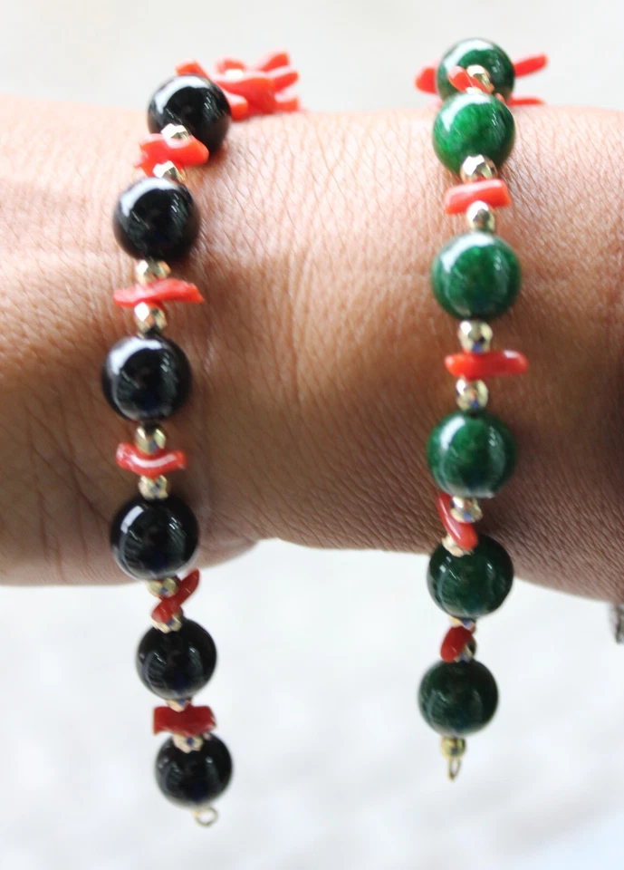 Bracciale Donna Corallo Rosso Naturale Onice e Giada Verde cm 19 exploit - Immagine 2 di 4